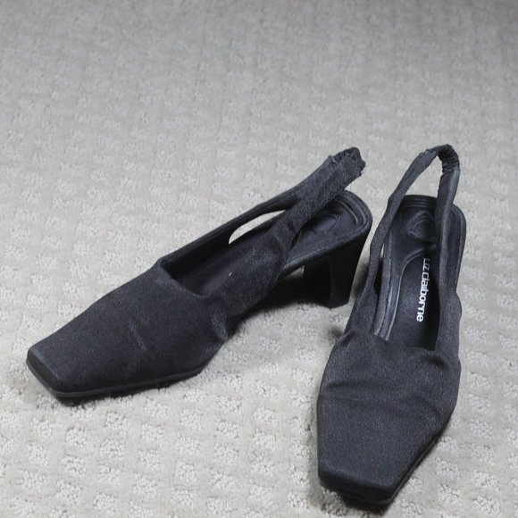 Liz Claiborne "Elegance" Sie 7.5 Black Fabric Slingback Square Toe Heels - Picture 1 of 7